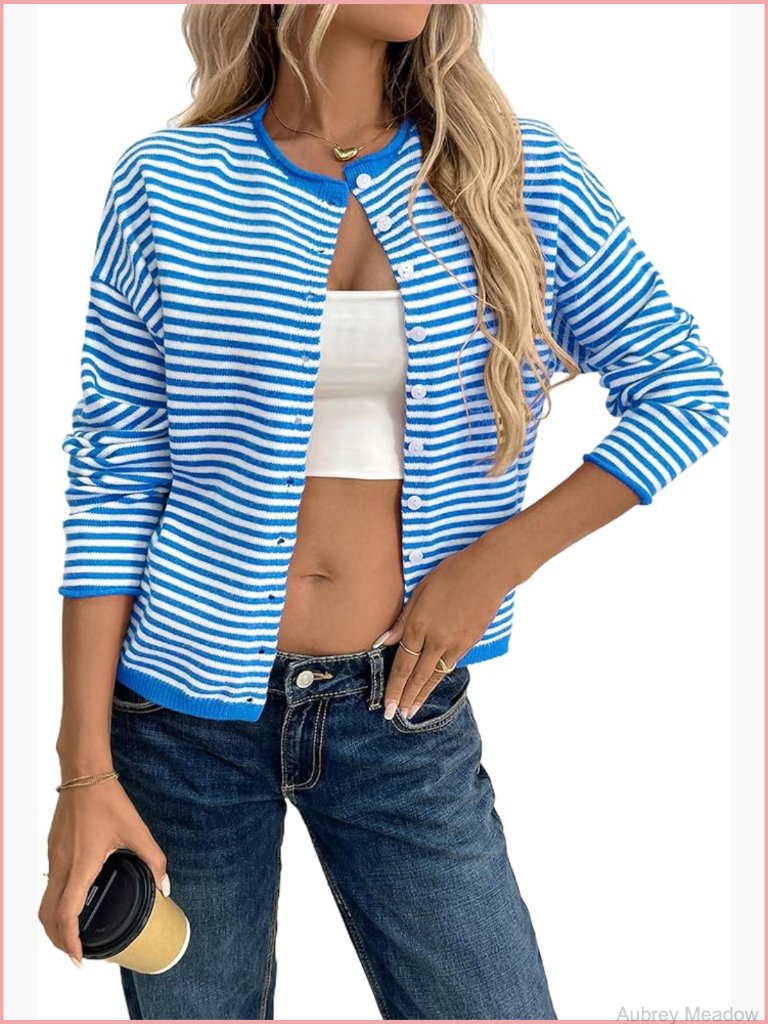 Striped Long Sleeve Button Up Cardigan Crew Neck Soft Knit Lightweight Loose